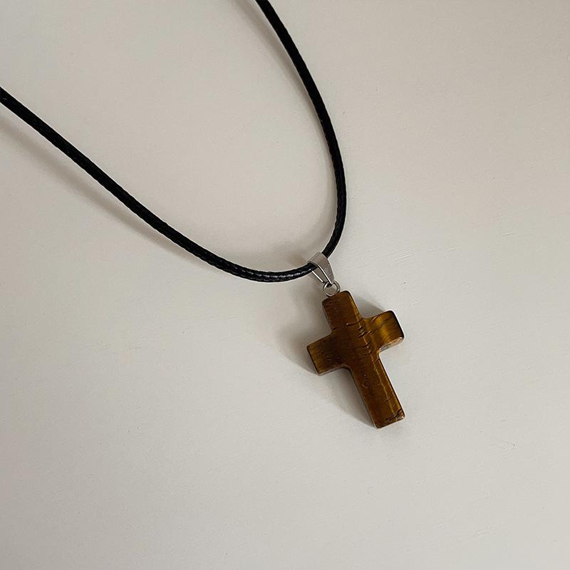 Niche Design Sense Natural Stone Cross Black Rope Necklace Female Simple Sweet Cool Personality Versatile Neck Chain Collarbone Chain