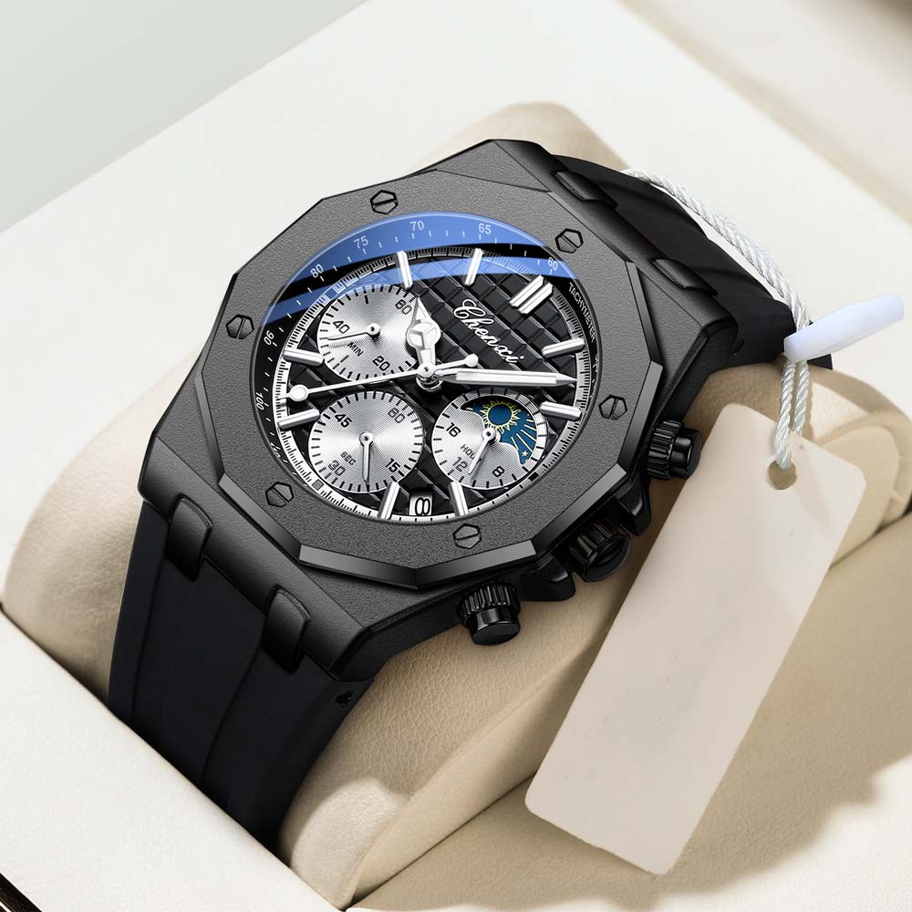 CHENXI Multifunction Watch Men's Watch Triple-Eye Six-Hand Silicone Strap Date Display Water-Resistant Quartz Men's Wristwatch