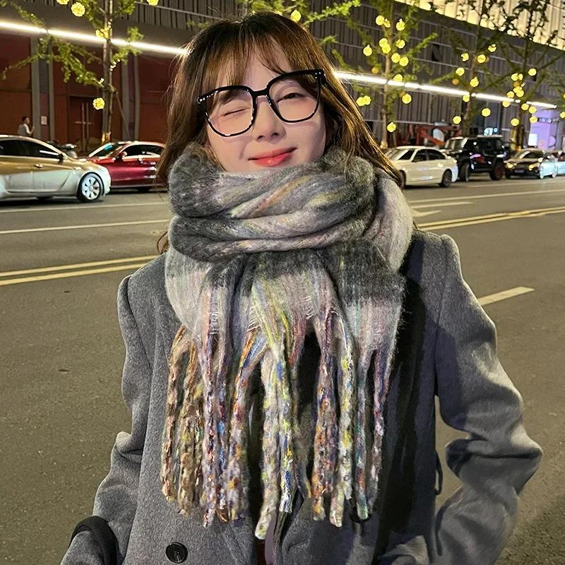 Шикарный дизайн клетчатый мохеровый шарф женский корейская версия уличный стиль имитация кашемира муфта женский теплый мягкий толстый шаль женская
