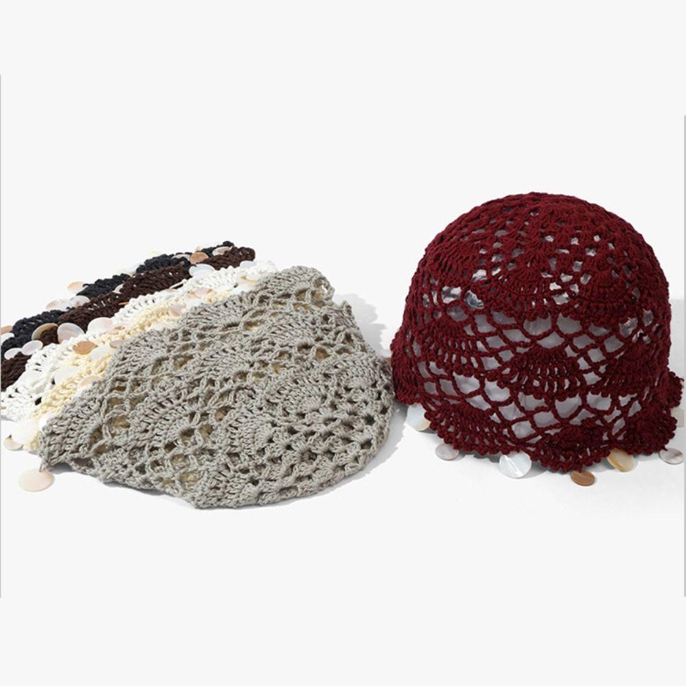 Thin Shell Tassels Hat Elegant Bohemian Style Beanies Retro Hollowed Out Knitted Hat Girls