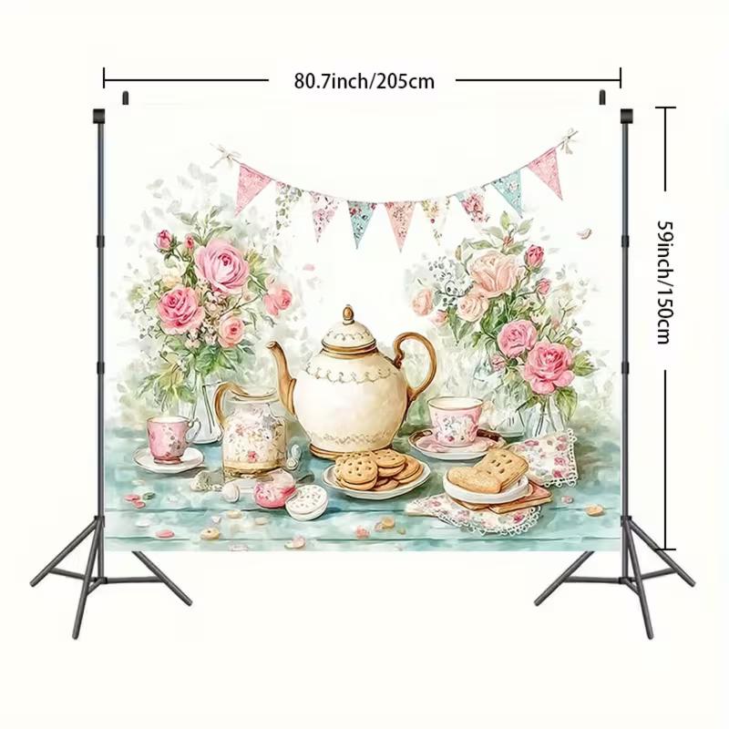 2D Vintage Teapot & Cookies Backdrop, Garden Party & Afternoon Tea Decoration