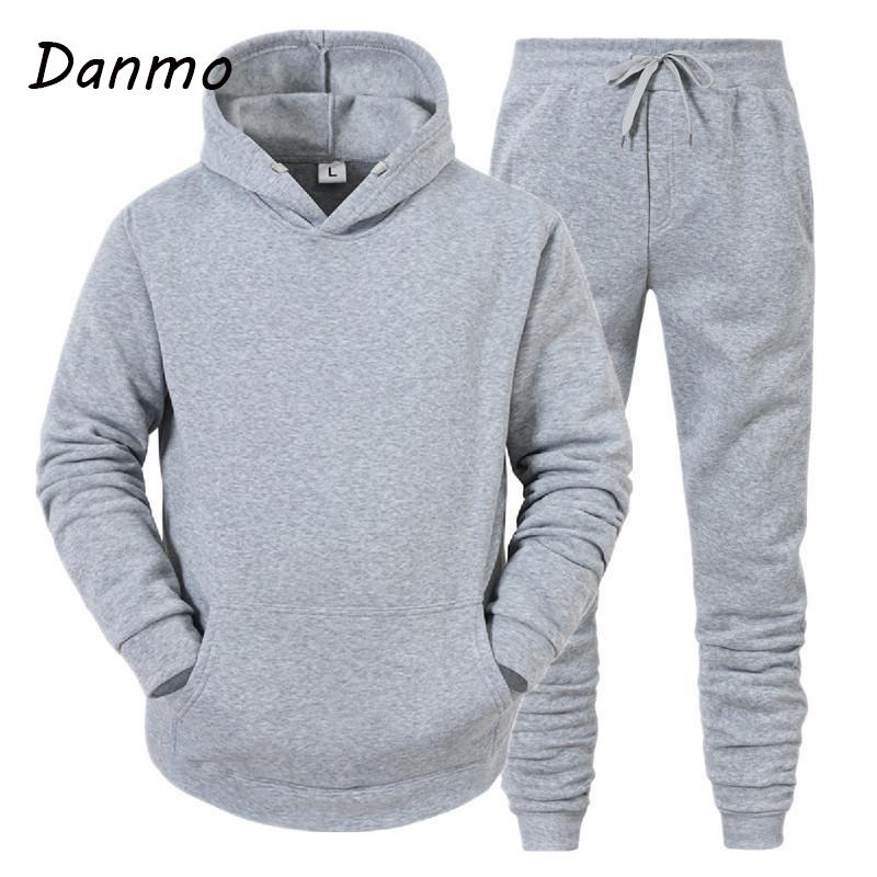 Danmo Sport Suit Men Fashion Hoodie Pant Set Cotton Hooded Autumn Casual Solid Color Tracksuit Set