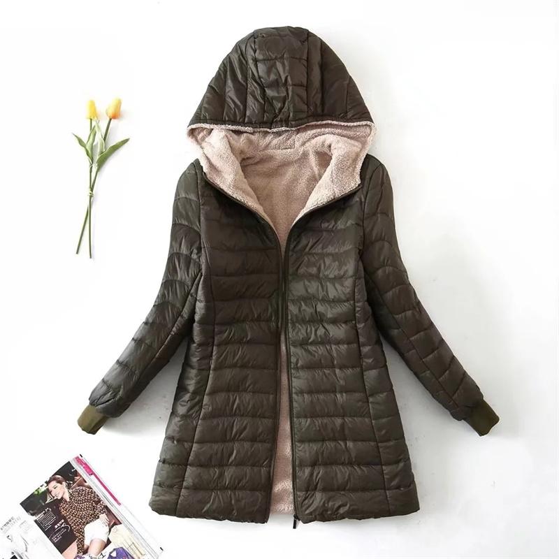 Women Mid-length Hooded Fleece Jacket Autumn Winter Lightweight Plush Lining Solid Ladies Parka Loose Female Zipper Outwear
