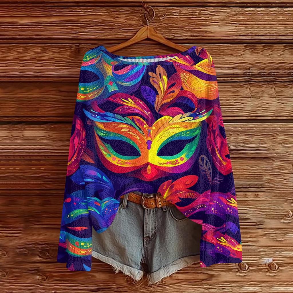 Женский повседневный модный топ с круглым вырезом, с карнавальным принтом, с длинным рукавом, вязаный пуловер