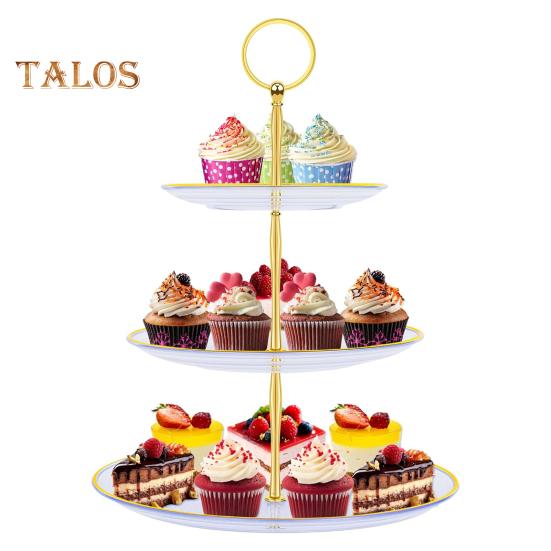 3-х уровневая подставка для кексов, чашка с золотыми краями, чашка для торта, десертная башня, пластиковый многоуровневый поднос, металлический стержень, украшение для детского душа, свадьбы, дня рождения