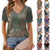 Women's Fashion Floral Print Top Puff Short Sleeve V-neck T-shirt Loose Casual T-shirt
