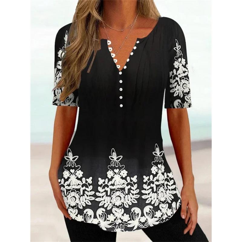 Trendy And Cool Women's Summer Loose V-neck Pullover Short-sleeved Button Printed T-shirt