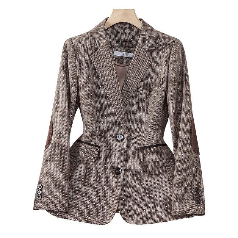 Autumn Retro Splice Plaid Sequins Blazers Coat For Women Brown Elegant Business Vintage Ladies Suit Jacket