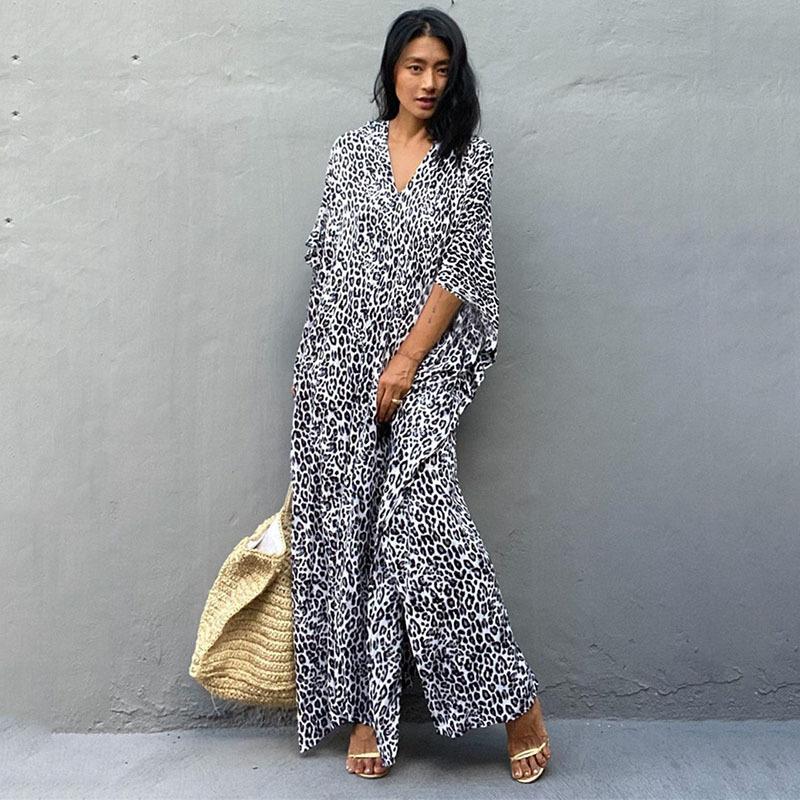 Women's Plus Size Dress Printed Leopard Dot Beach Cover Up Loose Long Dress Swimsuit Cover Up EMA