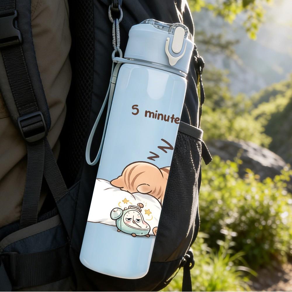 1PC Cat Napping On Pillow Print 750ml Color Plastic Sports Water Bottle Leakproof Flip Straw Lid Suitable for Sports Office Home Use