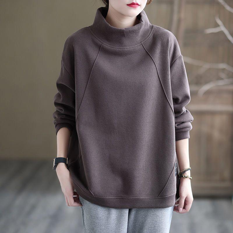 Свитшот для женщин, хлопковая свободная футболка большого размера с длинным рукавом, флисовая утолщенная удобная повседневная кофта с высоким воротом