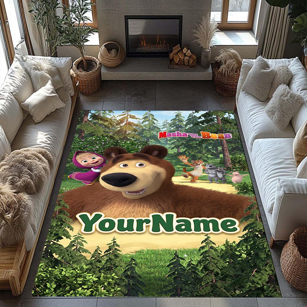 Masha Bear Customizable Name Floor Rug Office Rug Suitable for Outdoor Bedrooms Living Rooms Foyer Anti-slip Rug Decorate Offices Best for Christmas