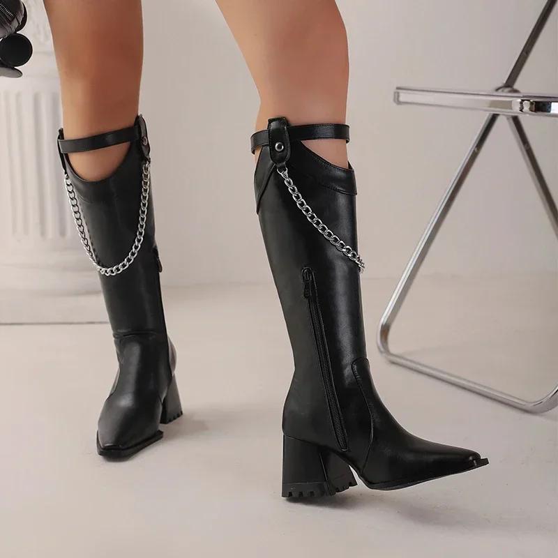 Winter Women Western Knee High Boots Yellow Brown Croc Block Heels Club Party Square Toe Vintage Buckle Chain Lady Cowboy Boots
