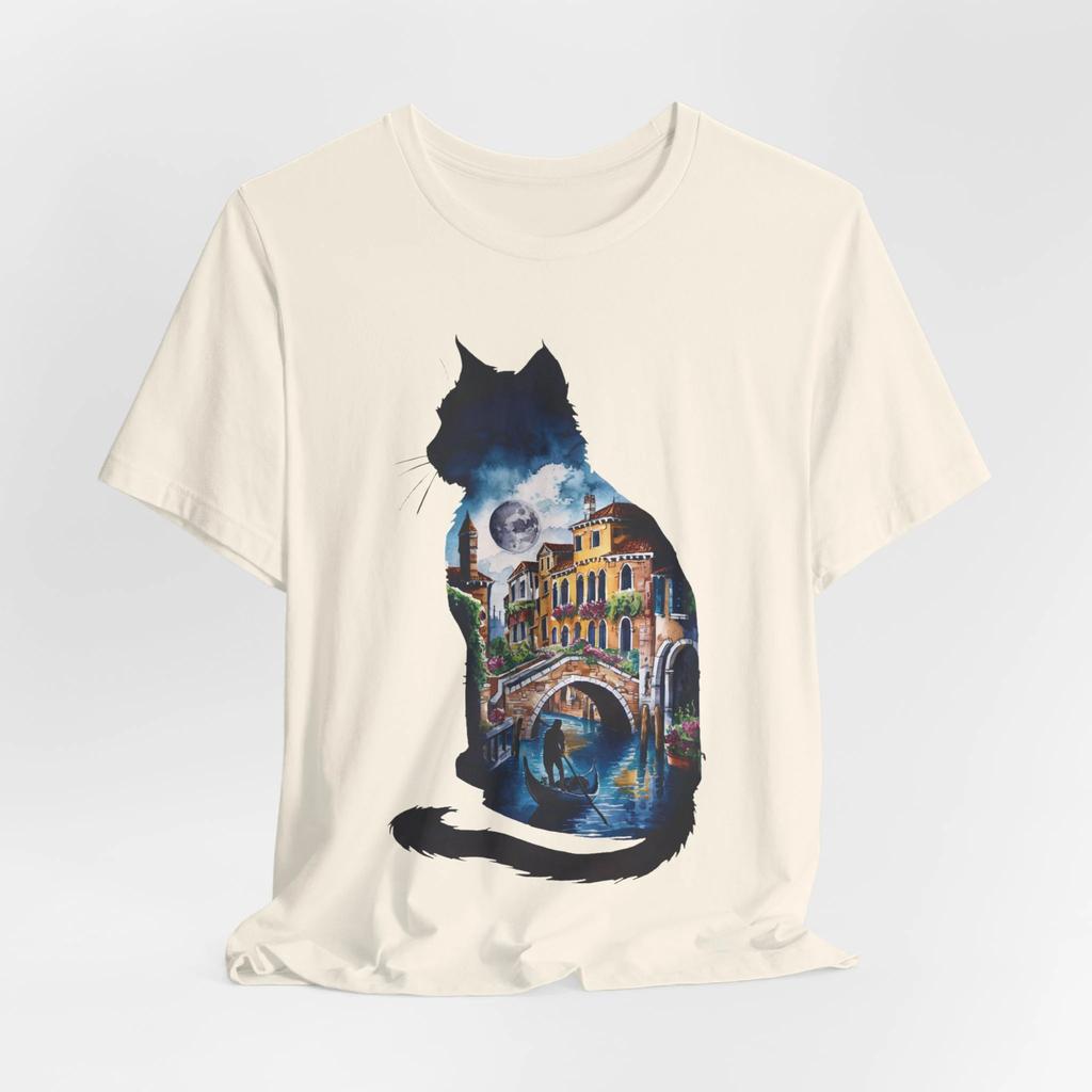 Мистическая кошка Венецианская сцена Футболка: Художественная футболка с луной, графические футболки, ретро уличная одежда, с круглым вырезом, с короткими рукавами, мужская футболка