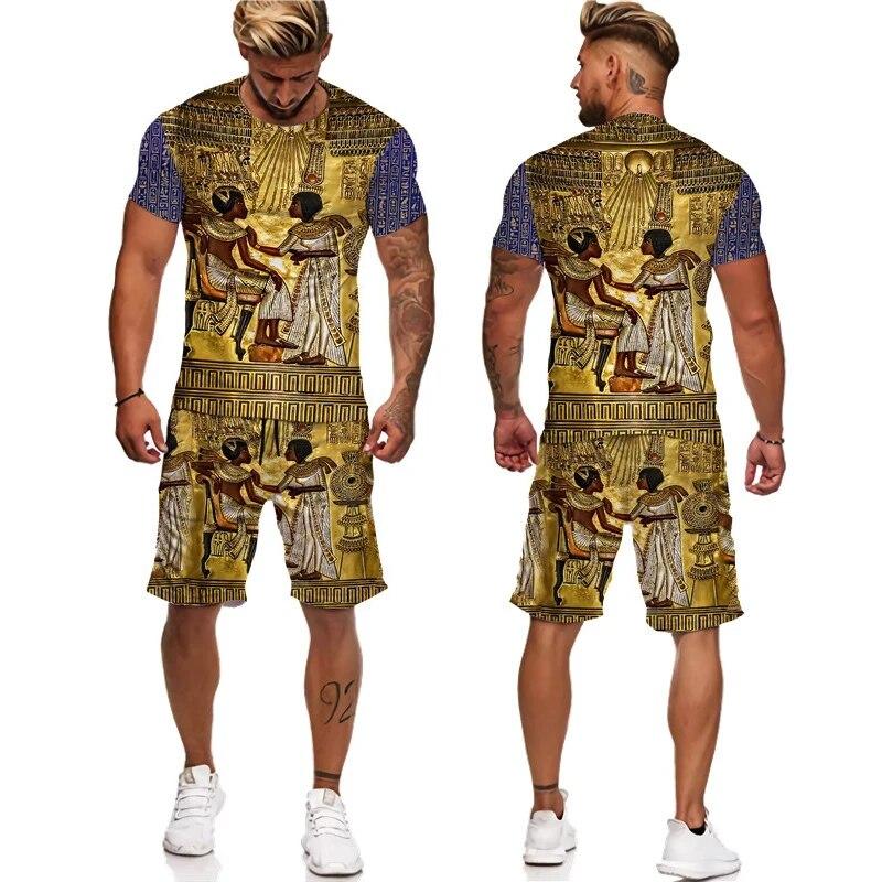 Мужская спортивная одежда из двух предметов, древнеегипетская футболка с 3D принтом, шорты фараона, уличная одежда для пар, летняя новинка