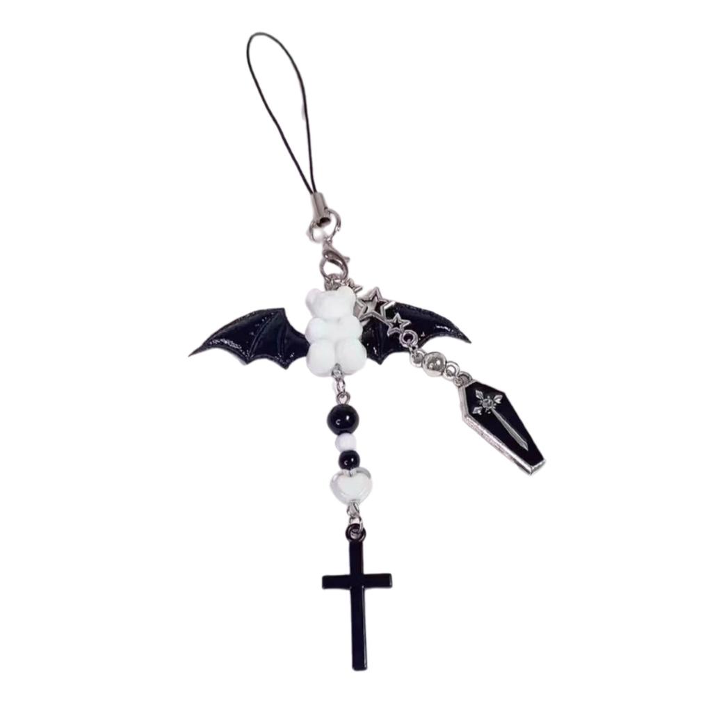 Handmade Angel Wing Phone Pendant Sweet Ribbon Bowknot Keychain Heart Beaded Phone Lanyard Acrylic Keyring Ornament