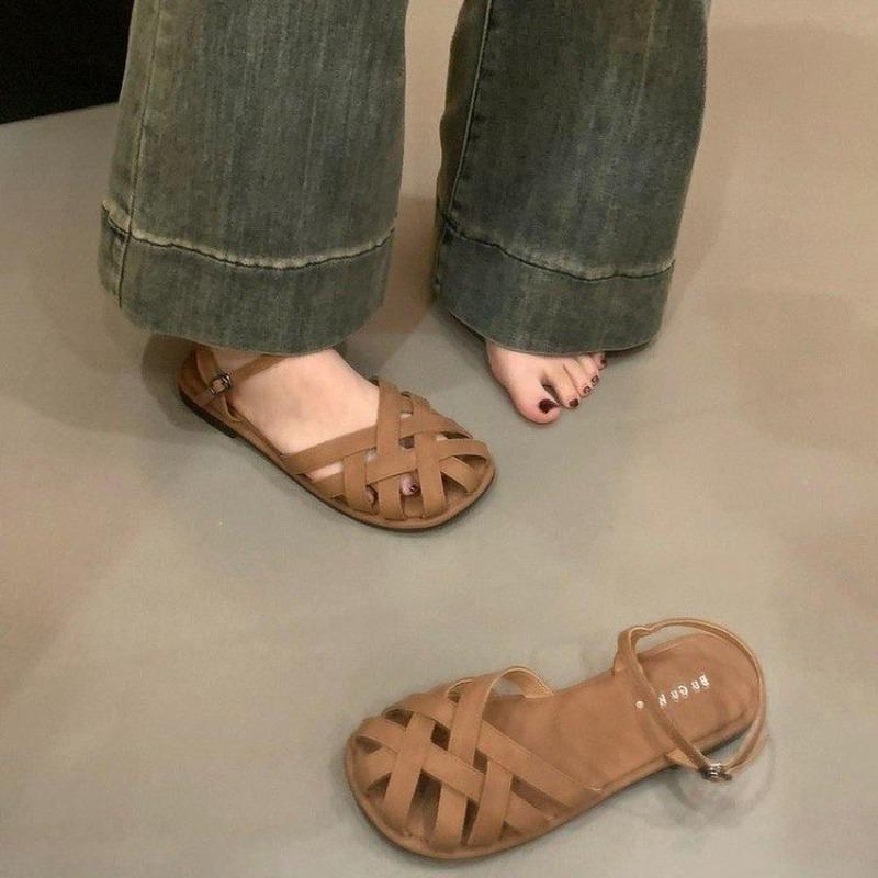 Сандалии женские 2024 новые летние модные французские мягкие кожаные плетеные плоские повседневные ретро-туфли Baotou Casual Sandalias De Mujer