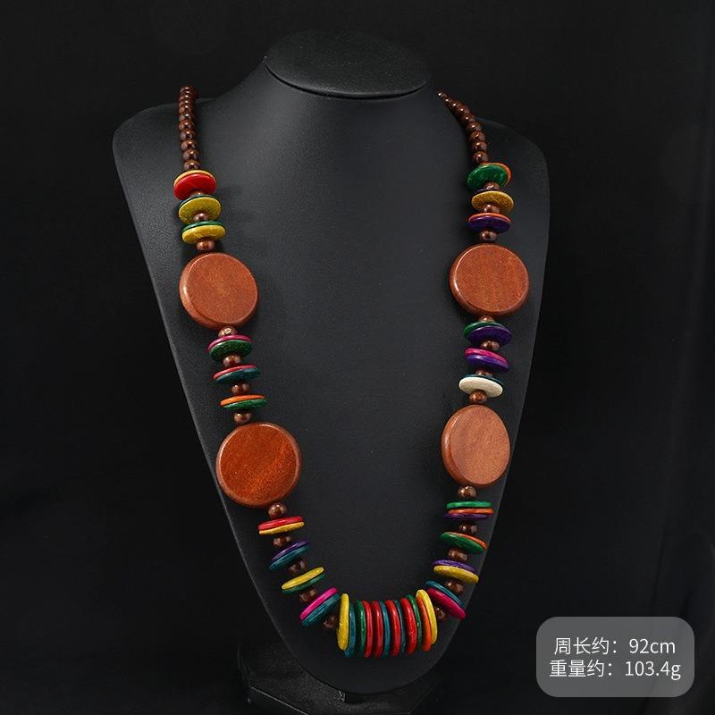 Vintage Exaggerated Wooden Necklace Maillard Vacation Women's Bohemian Long Niche Sweater Chain Earrings