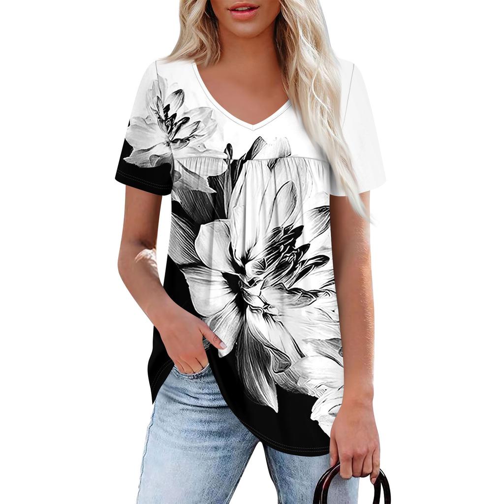 Women's Casual V-Neck Short Sleeve Chest Ruffle Printed Top