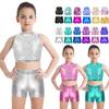 Kids Girls Two-Piece Dancewear Outfit Sparkly Sequins Sleeveless Crop Top with Metallic Bottoms Set Jazz Hip Hop Dance Costume