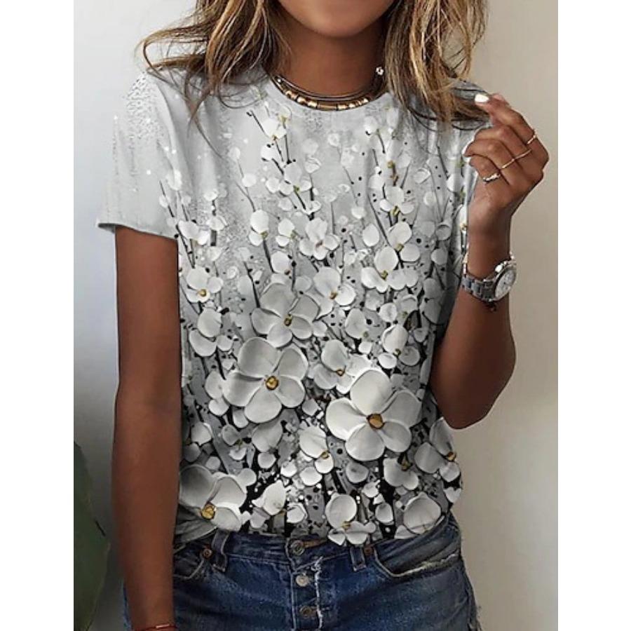 Футболка с цветочным 3D принтом, летняя женская одежда, топы с круглым вырезом, повседневные футболки с короткими рукавами