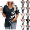 Women's Fashion Pocket V-neck Short Sleeve Plant Floral Print T-shirt Top