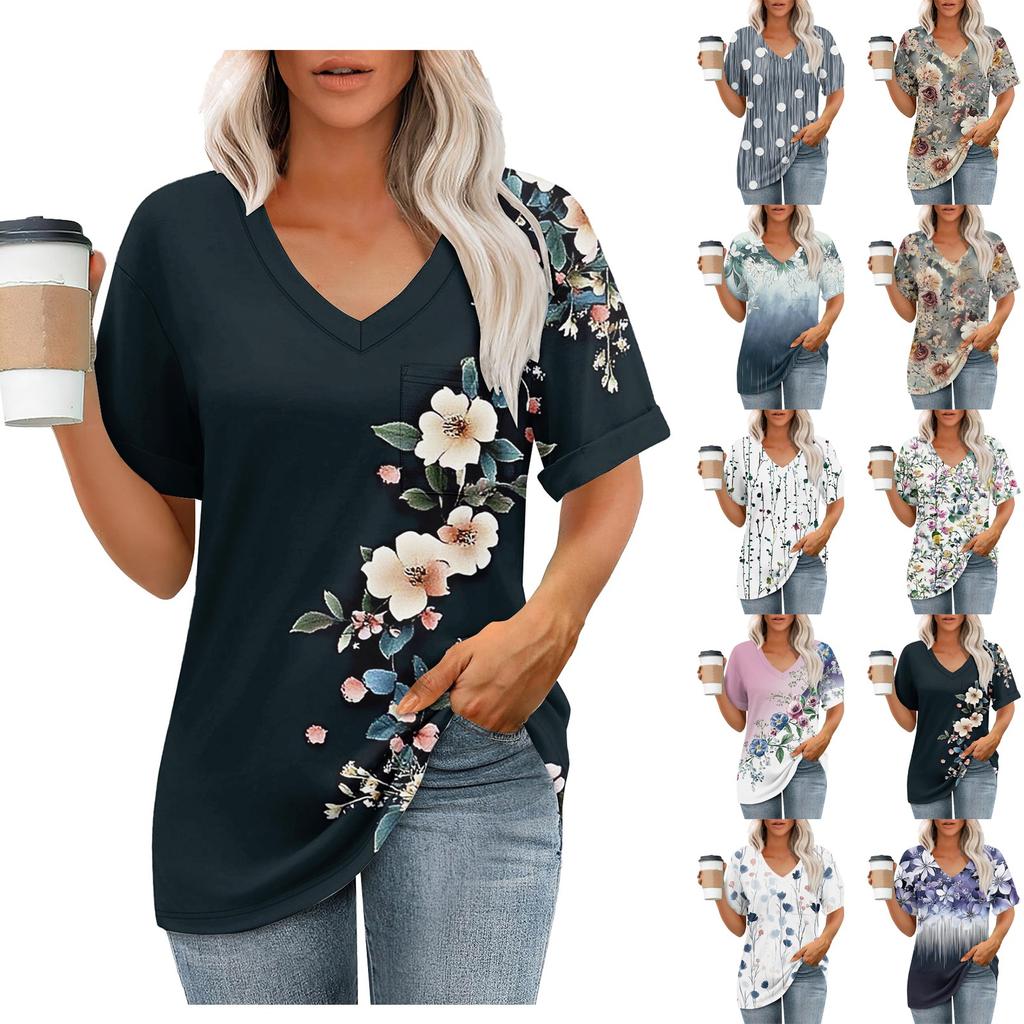 Women's Fashion Pocket V-neck Short Sleeve Plant Floral Print T-shirt Top