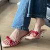 Winter sandals 2024 bow red women's shoes plaid wear a word beautiful French women's high-heeled open-toed cool slippers