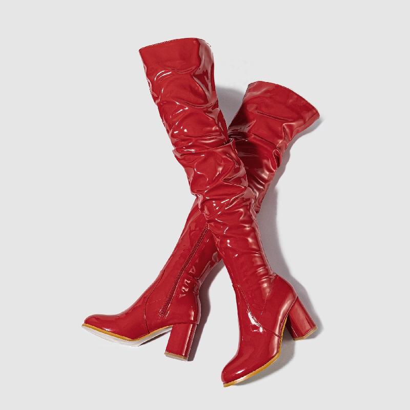 Eilyken Winter Patent Leather Women Over-the-knee Boots Fashion Nightclub Round Toe Zip Booties Square High Heels Ladies Shoes