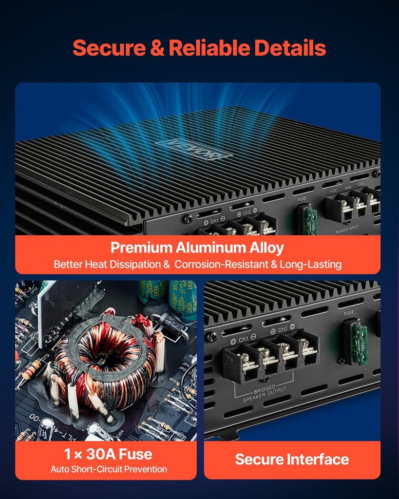 Car Audio Amplifier, 2-Channel Bridgeable Car Amplifier, Full-Range Class AB Stereo Amp, Max. 2 x 300W at 4 Ohms / 2 x 600W at 2 Ohms, High Output,