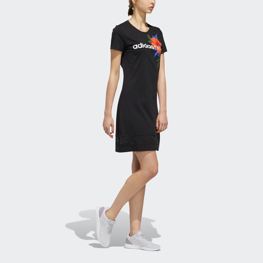adidas Neo W Farm P Dre Hibiscus Print Sports Short Sleeve Dress Women Dresses Black EI4853