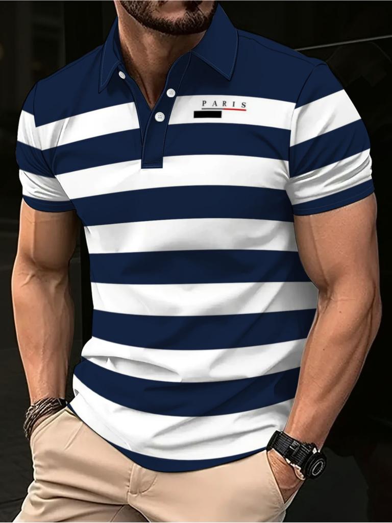 Printed Design – Non-Textured Printed Men's Golf Shirt with Short Sleeves in Blue Stripes, Featuring a Casual, Comfortable, Stylish, and Well-Fitting