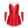 Girls Figure Skating Dress Sleeveless Glittering Rhinestone Keyhole Back with Gloves