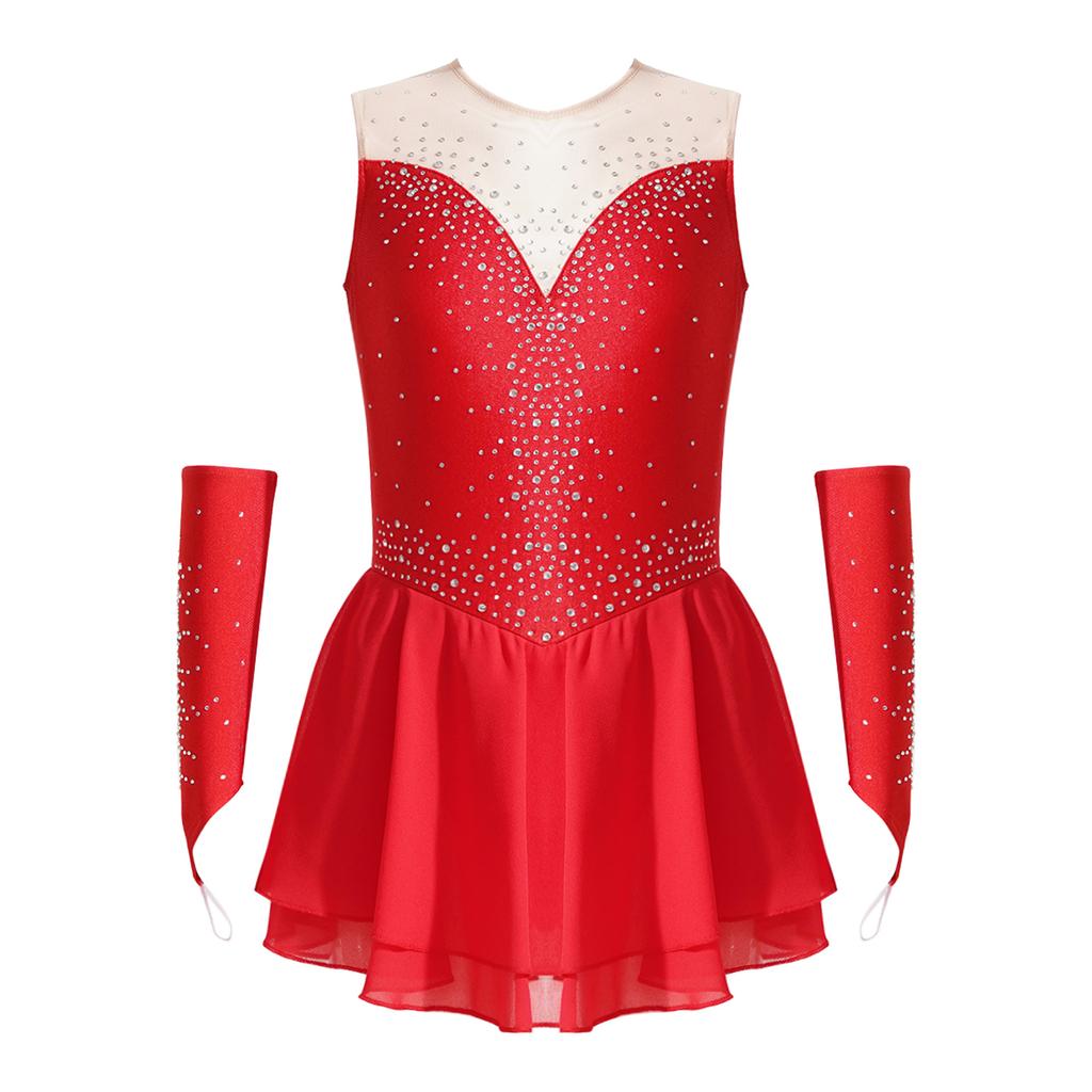 Girls Figure Skating Dress Sleeveless Glittering Rhinestone Keyhole Back with Gloves