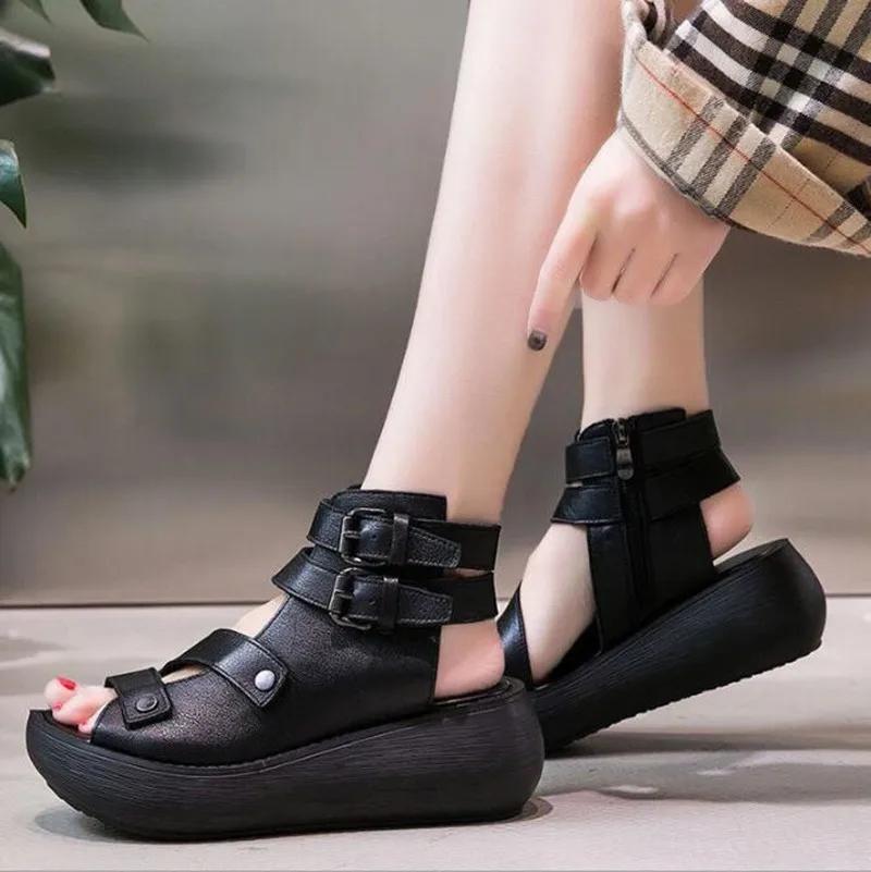 Comemore New 2024 Fish Mouth Gladiator Soft Pu Leather Luxury Summer Roman Shoes Platform Fashion Shoe Wedges Women Sandals 2024