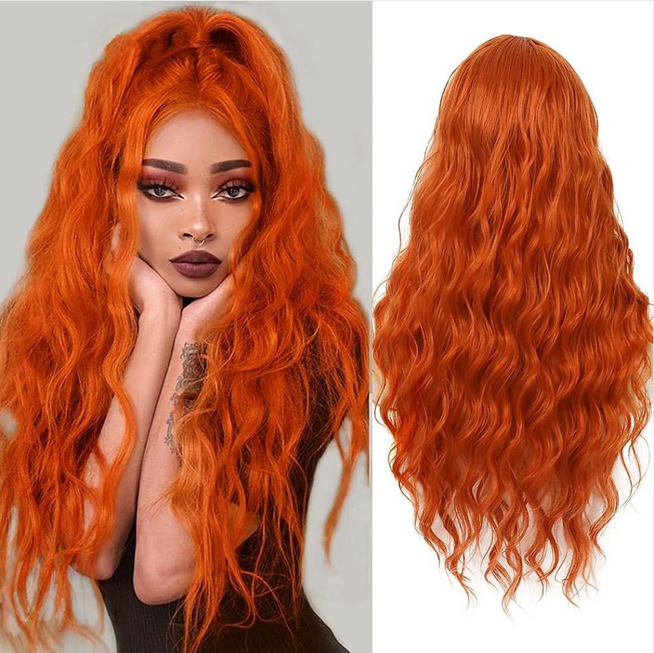 Lace wig 6/13 large area imported silk free seam bangs long curly hair orange breathable natural obedience
