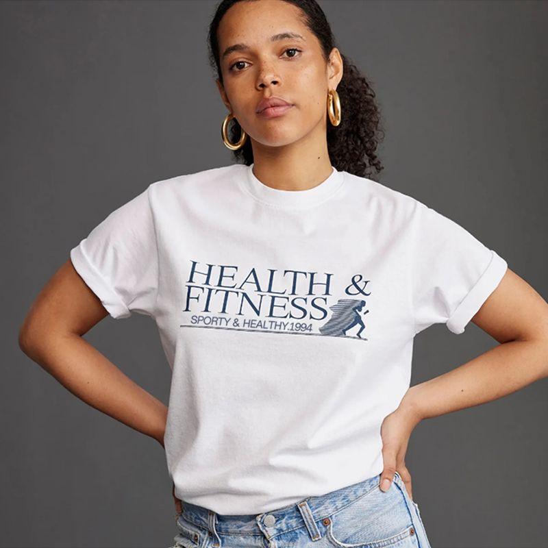 Health Fitness Niche Style American Retro Sports Style Running Fitness Girl Pure Cotton Short Sleeve T-shirt
