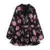 Kaslead New Arrival Women's Clothing Fashion Style Fashion Chiffon Florals Printed V-neck Waist-Tight Puff Sleeve Dress
