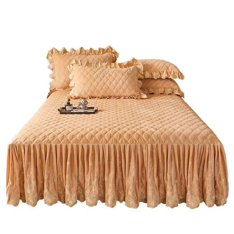 Стеганое покрывало с цветочной вышивкой, плотная бархатная юбка-кровать, роскошная мягкая юбка с 2 подушками, дропшиппинг Queen King