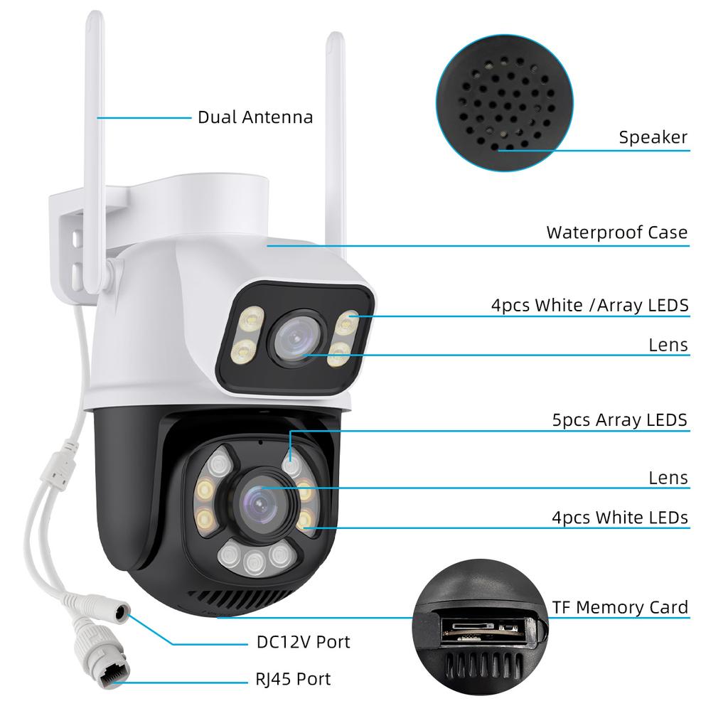 AIOOK Наружная Wi-Fi камера видеонаблюдения HD 8MP 4K с двумя объективами IP-камера безопасности Цветная камера ночного видения IP66 Водонепроницаемый приложение ICSEE Двусторонний диалог Удаленный просмотр