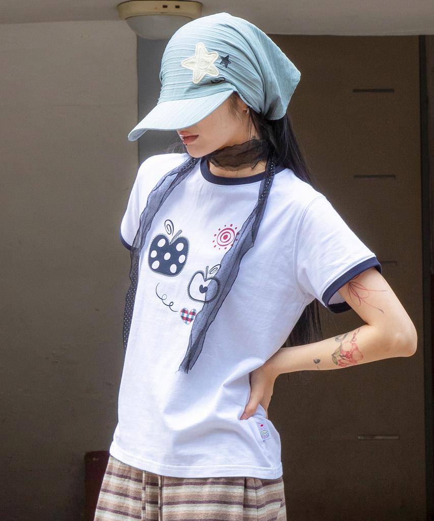 RuNaKi'Hu' Wxt095 Mela Dot Applique Ringer T-Shirt (White)