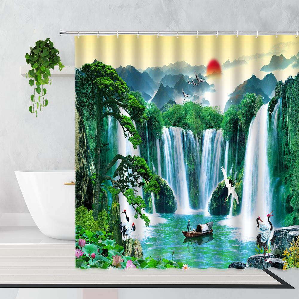 Zen Bamboo Forest Shower Curtain Summer Forest Jungle Waterfall Rock Nature Scenery Bath Curtains Set Green Landscape Bathroom