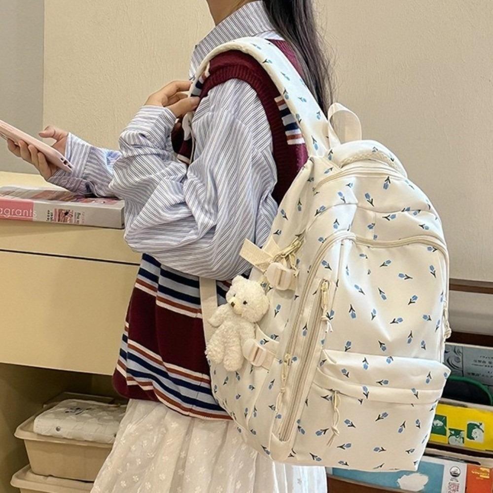 Large Capacity Bow Pattern School Bag Multi-compartment Rucksack Floral Print Backpack Travel