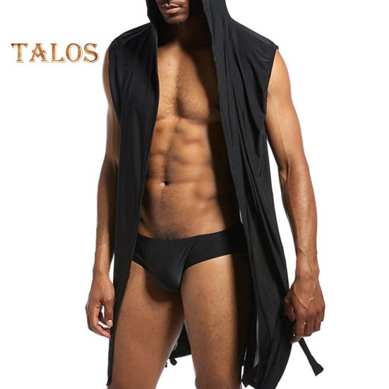 Мужской халат с поясом, капюшоном, без рукавов, однотонный халат из ледяного шелка, с открытой передней частью, мягкий домашний халат из ледяного шелка