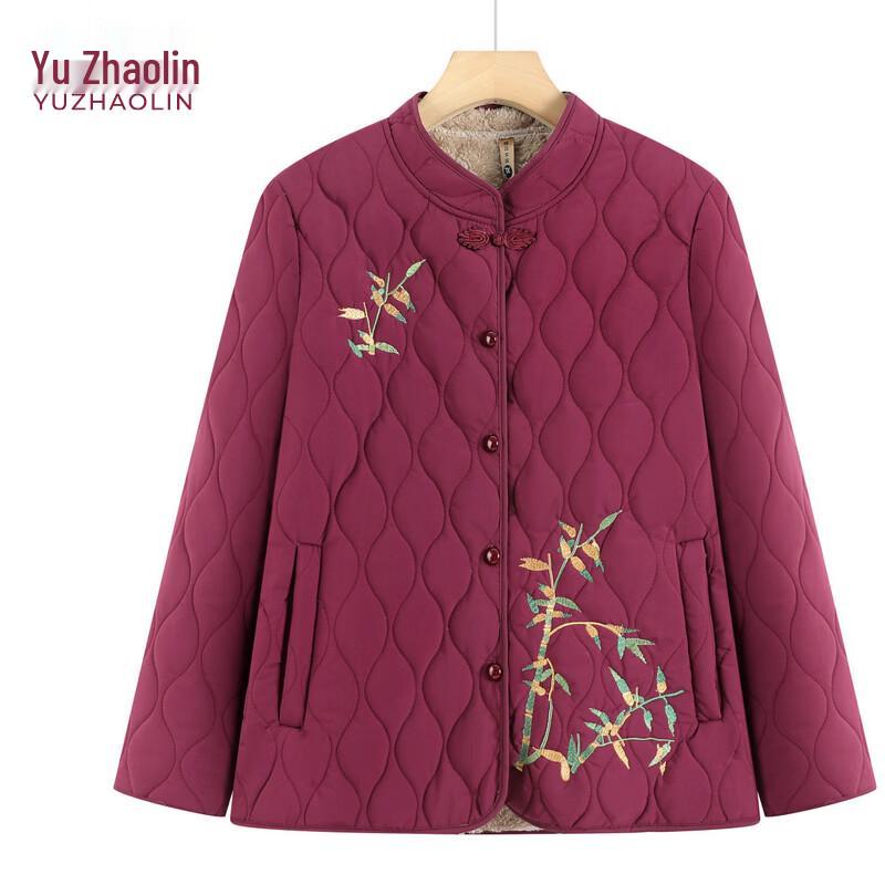 YUZHAOLIN Women's Fleece-Lined Floral Embroidered Elderly Winter Cotton Jacket