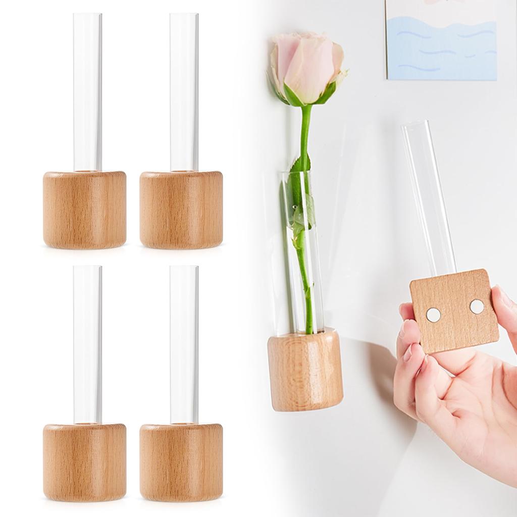 Деревянный настенный кубический цветочный горшок, станция для выращивания растений, пластиковая трубка, ваза с одним стеблем, бутон цветка, мини-ваза, украшение для холодильника