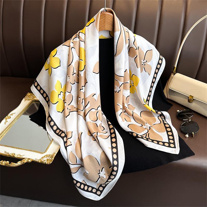 New Print Silk Satin Muslim Scarf Luxury 90cm Shawl Wrap Neckerchief Female Wraps Echarpe Bandana Hijab Head Scarve Gift
