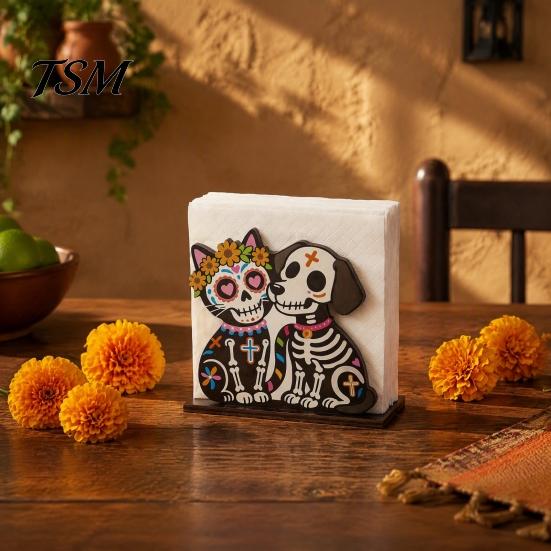 Solid Wood Tissue Organizer Day of The Dead Wooden Skull Napkin Holder, Decorative Floral Dispenser, Handmade Display Dia De Los Muertos Paper