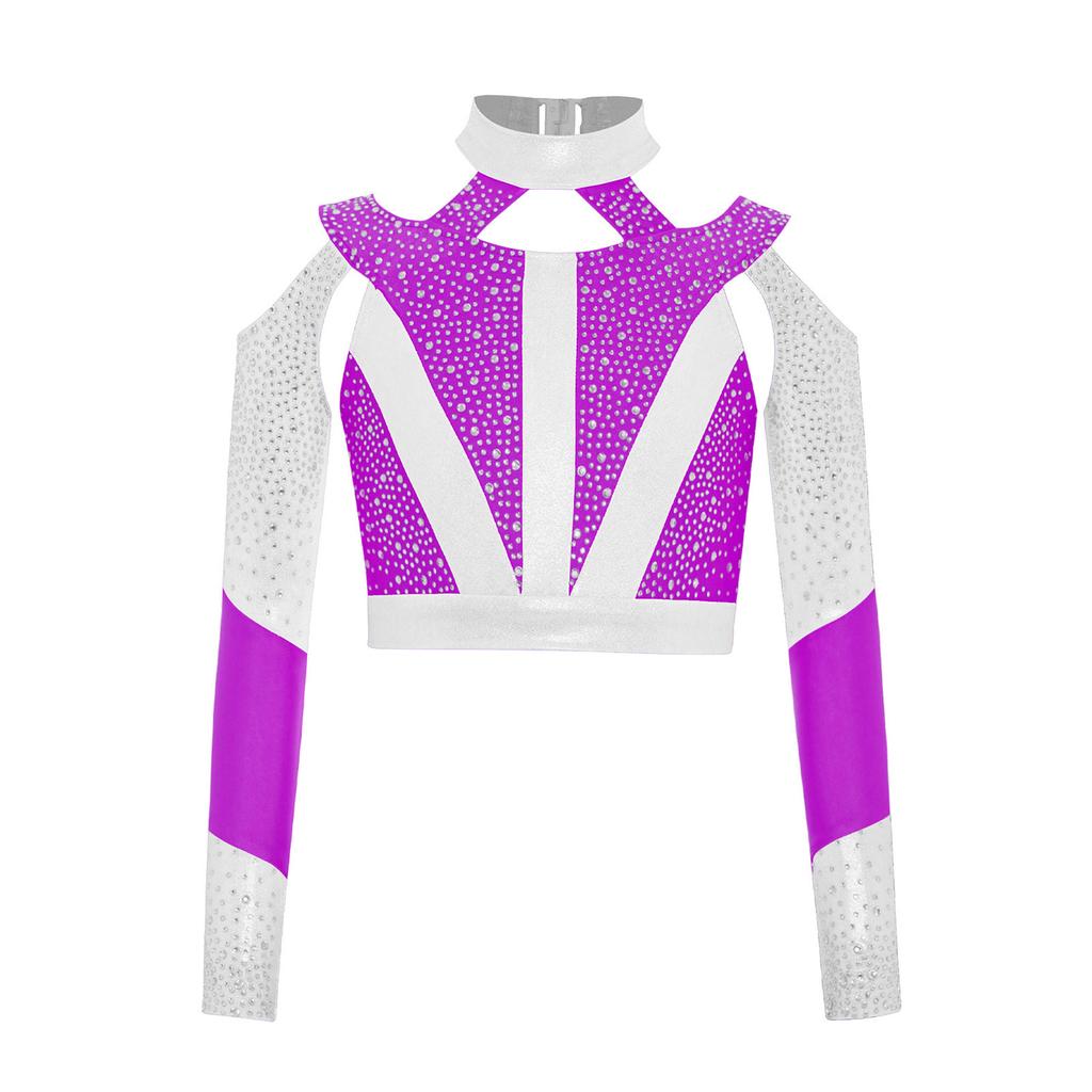 Girls Gymnastics Dance Top Long Sleeve Shiny Rhinestone Color Block Cross Back Cutout Crop Top