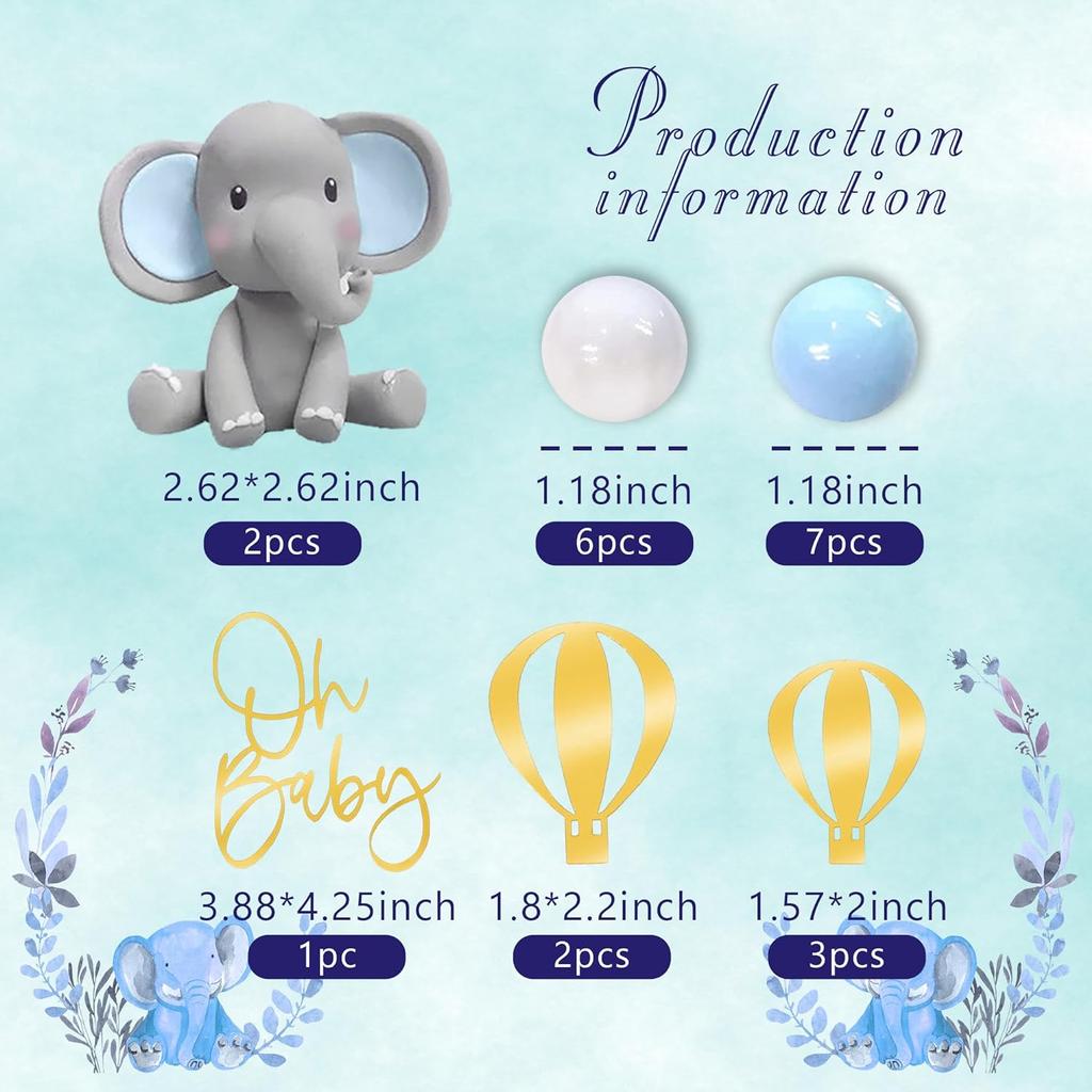 Elephant Cake Decoration with Oh Baby Cake Topper Pearl Balls Hot Air Balloon for Baby Shower Boy Elephant Theme Birthday Party